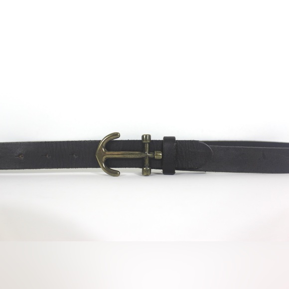 Dark Brown Leather Dress Belt Gold Brass Anchor Buckle Mens Unisex Nautical Boat - Picture 1 of 7